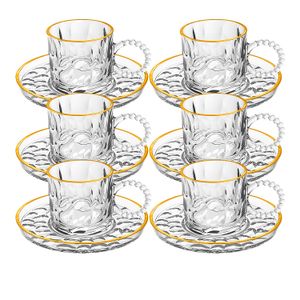 Set de Tazas con plato de vidrio Café Ondas borde Dorado 200 ml x6 piezas